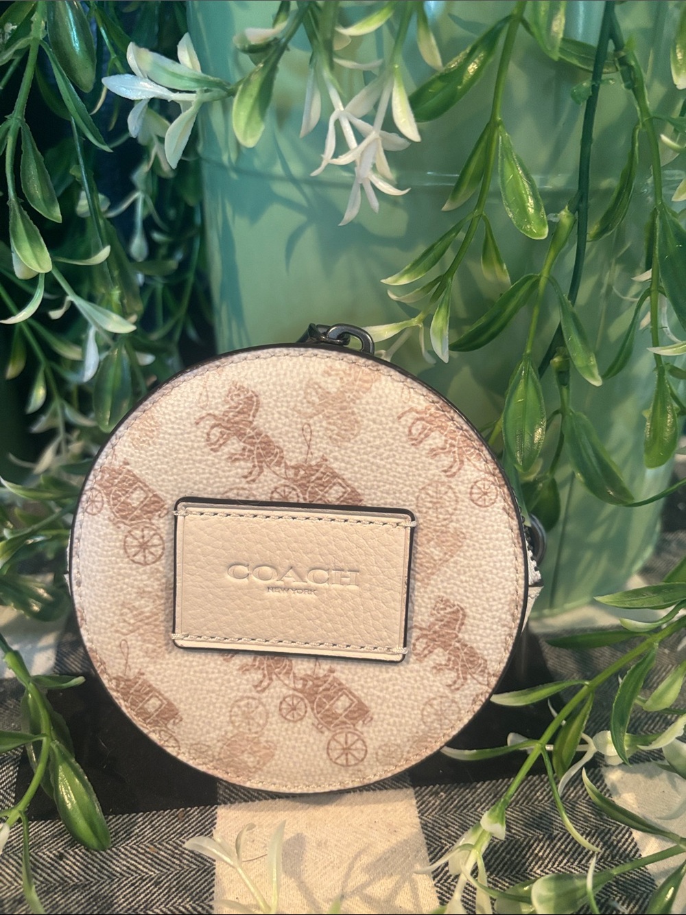Coach Cream Round Bag Charm with Brown Carriage Print